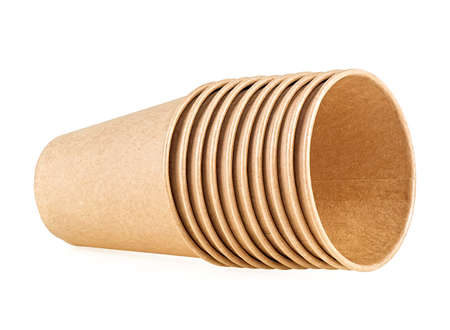 Empty disposable paper coffee cups isolated on a white backgroundの写真素材