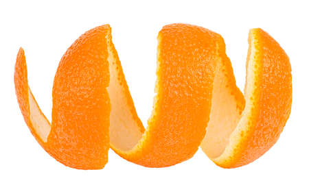 Peel of fresh orange fruit isolated on a white background. Single orange peel. Orange twist.の写真素材