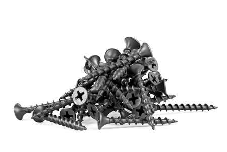 Pile of black screws isolated on a white background. Black anodized screws. Metal fasteners.の写真素材