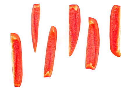 Top view of sliced red bell pepper isolated on a white background. Fresh red pepper.の写真素材