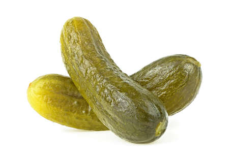 Two marinated pickled cucumbers isolated on a white backgroundの写真素材