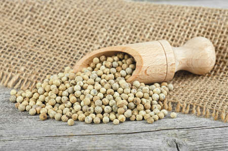 White pepper in wooden scoop on rustic wooden background. White peppercorns.の写真素材