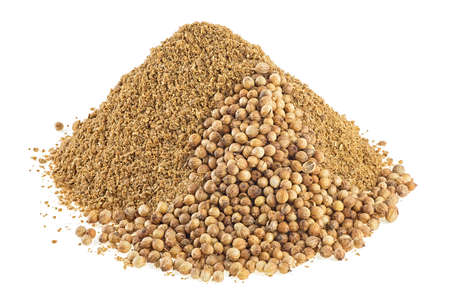 Close up of seeds and powder of coriander spice isolated on a white backgroundの写真素材