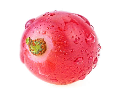 One ripe berry of red grape with water drops isolated on a white backgroundの写真素材