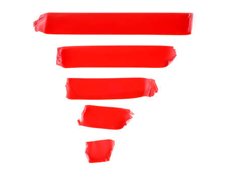 Set of red tape slices isolated on white background. Red insulating tape of different shapes.の写真素材