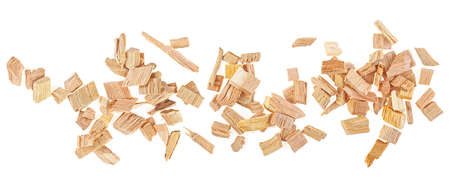 Wooden smoking chips for smoking isolated on a white background, top view. Apple tree.の写真素材
