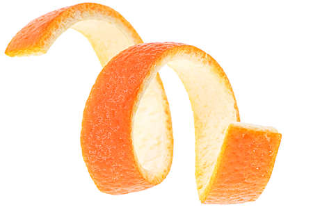 Single orange peel isolated on a white background. Vitamin C. Cocktail ingredient.の写真素材