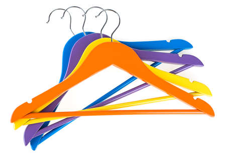 Colored clothes hangers isolated on a white background, top view. Coat hangers.の写真素材