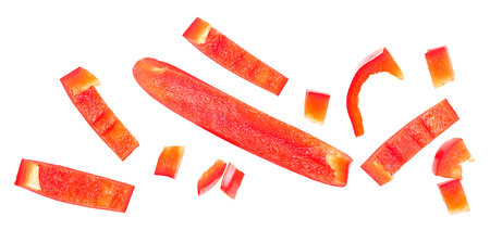 Red sweet bell pepper slices isolated on a white background, top view.の写真素材