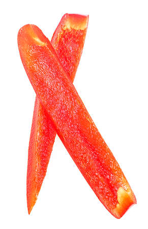 Two slices of red sweet bell pepper isolated on a white background, top view.の写真素材