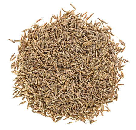 Cumin seeds pile isolated on a white background, top view. Zeera seeds. Aroma cuisine.の写真素材