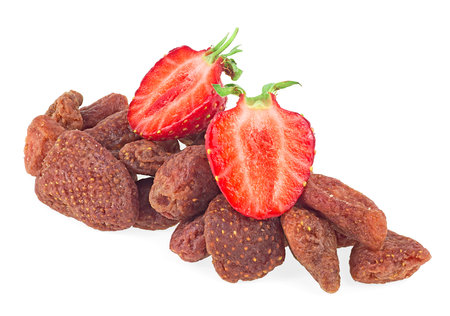 Fresh strawberry and dried strawberry isolated on a white background. Dehydrated strawberries. Sweet and sour dried strawberries.の写真素材