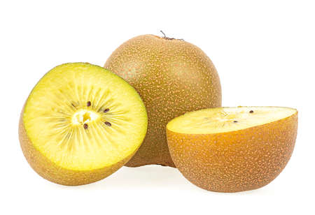 Whole and cut golden kiwifruit isolated on a white background. Yellow kiwi fruit.の写真素材