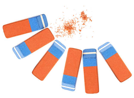 Top view of erasers and eraser scrap isolated on a white background. Rubber pencil and ink erasers.の写真素材