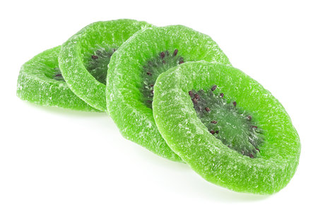 Dried kiwi fruit slices isolated on a white backgroundの写真素材