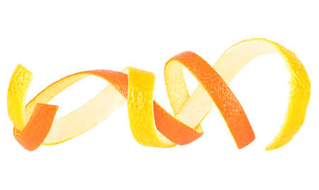 Fresh peel of lemon and orange fruit isolated on a white background. Citrus zest spiral.の写真素材