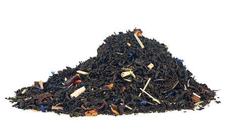 Pile of black tea with dried fruits and petals isolated on a white backgroundの写真素材