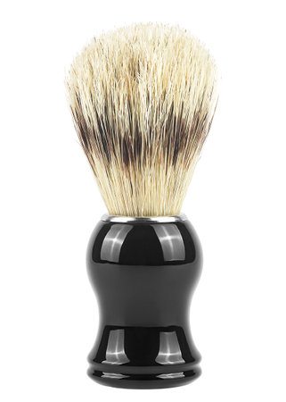 Black shaving brush with raccoon fur isolated on a white background. Shaving tools.の写真素材