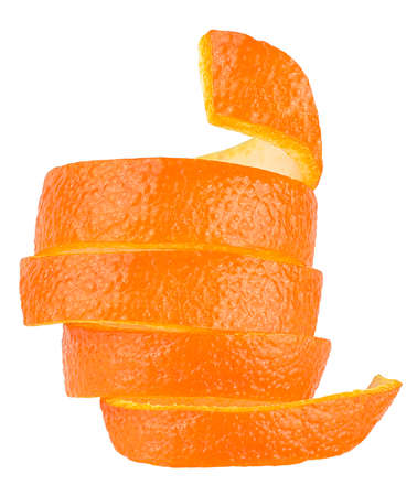 Vertical image of fresh orange zest isolated on a white background. Orange twist.の写真素材
