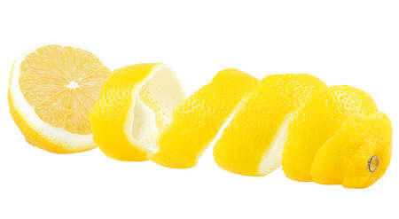 Lemon skin twisted in a spiral isolated on a white background. Lemon fruit with lemon peel.の写真素材