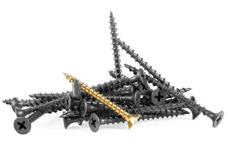 Industry concept - pile of black screws and single gold screw isolated on a white background.の写真素材