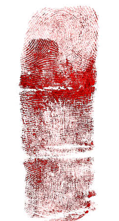 Red fingerprint of the index finger isolated on a white background. Bloody fingerprint. Real fingerprint, top view.の写真素材