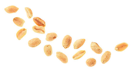 Peeled salted peanuts isolated on a white background, top view. Fried peanuts.の写真素材