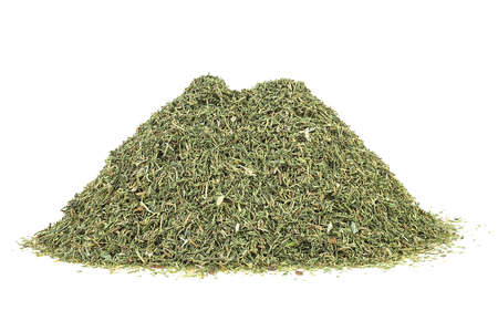 Pile of dried dill seasoning isolated on a white background. Dried fennel.の写真素材