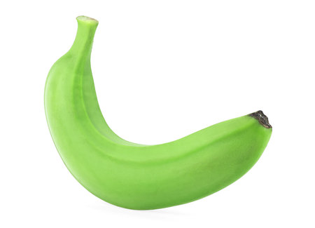 Single green banana fruit isolated on a white backgroundの写真素材