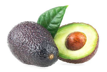 Fresh avocado fruits. Avocado with cut in half and green leaf isolated on a white background.の写真素材