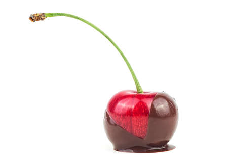 Melted chocolate and red ripe cherry isolated on a white backgroundの写真素材