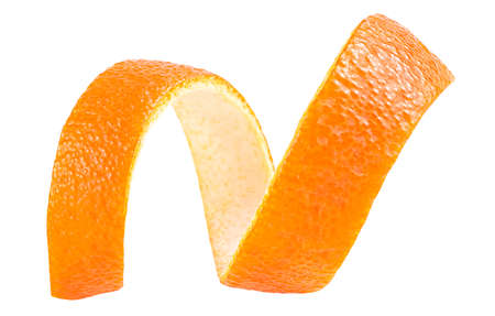 Peel of fresh orange fruit isolated on a white background. Citrus zest.の写真素材