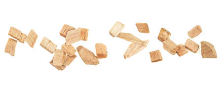 Wood chips isolated on a white background, top view. Wood smoking chips.の写真素材