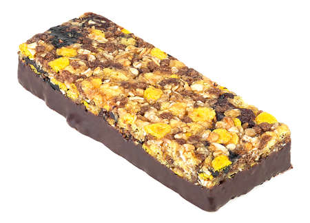 Granola bar isolated on a white background. Energetic bar with cereals and chocolate.の写真素材