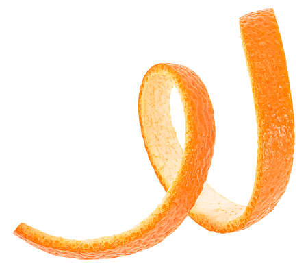 Fresh orange zest isolated on a white background. Orange skin stripe in spiral shape.の写真素材