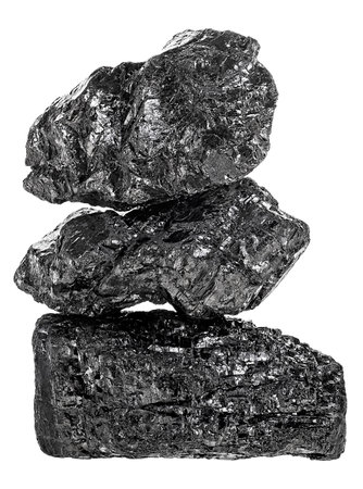 Pile of fractured black coal isolated on a white backgroundの写真素材