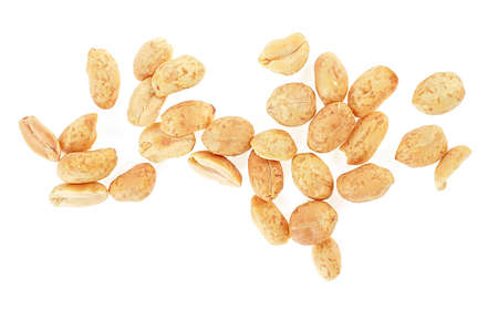 Pile of fried and salted peanuts isolated on a white background, top view.の写真素材