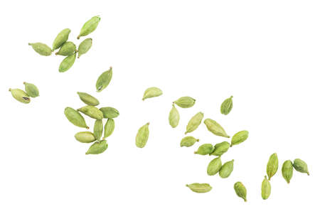Green cardamom seeds isolated on a white background, top view. Dried cardamom pods.の写真素材