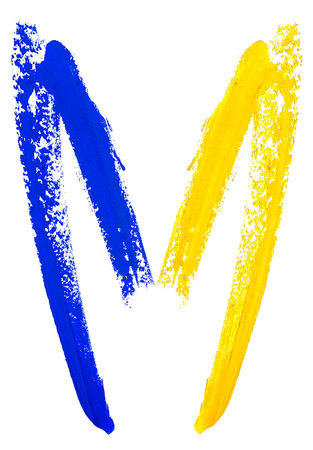 Lipstick stroke isolated on a white background, shape of heart. Ukraine flag.の写真素材