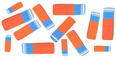 Collection of erasers for rubber pencil and ink isolated on a white background, top view.の写真素材