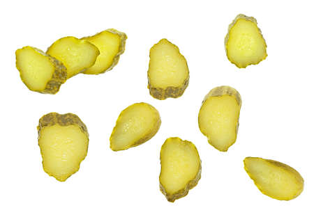 Slices of pickled cucumber isolated on a white background, top view.の写真素材