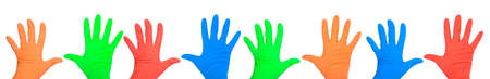 Collection of colored medical gloves. Hands of a medic wearing a latex gloves. Surgical glove.の写真素材