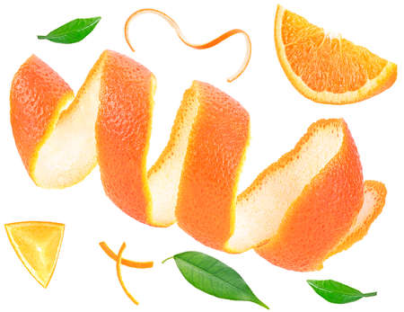 orange collection. Set of ripe juicy oranges isolated on a white background. Orange peel, slice of orange and orange leaves.の写真素材