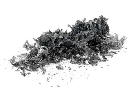 Pile of charred paper isolated on a white background. Burned paper scraps.の写真素材