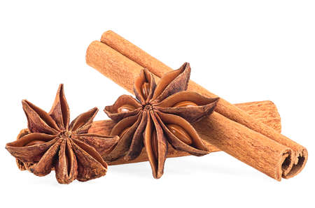 Cinnamon sticks and anise stars isolated on a white background. Spices. macro.の写真素材