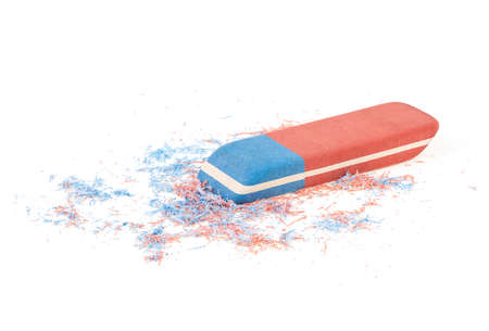 Close up of eraser and eraser scrap isolated on a white background. Rubber eraser for ink pen and pencil.の写真素材