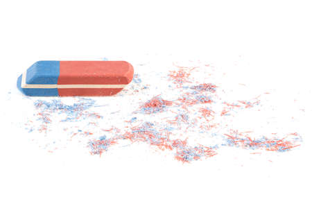 Eraser and eraser scrap isolated on a white background. Rubber eraser for ink pen and pencil.の写真素材
