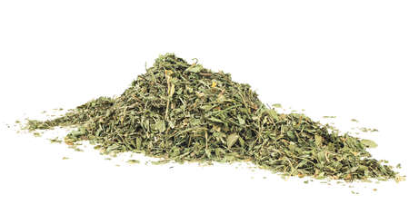 Pile of dried and chopped celery leaves isolated on a white backgroundの写真素材