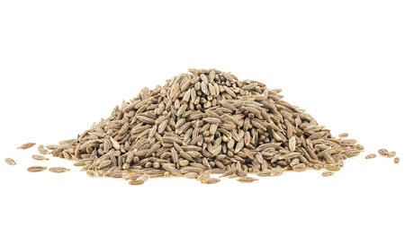 Heap of cumin seeds isolated on a white background, front view. Caraway seeds.の写真素材