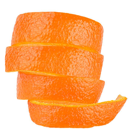 Vertical image of fresh orange zest isolated on a white background. Orange twist peel.の写真素材